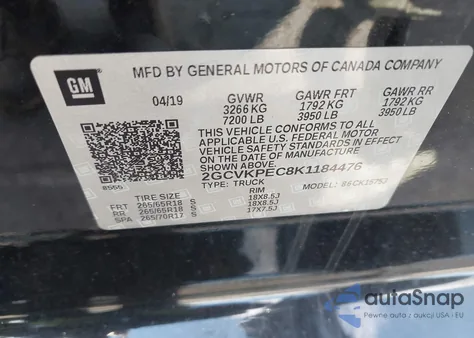 2019 Chevrolet Silverado 1500 Ld Lt z USA, uszkodzony, nr VIN 2GCVKPEC8K1184476